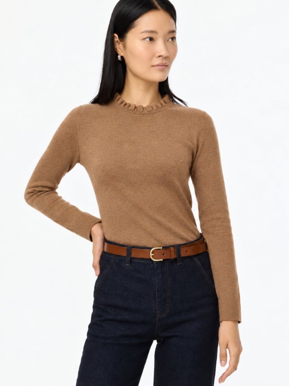 J. CREW Factory 100% Cotton Ruffleneck Sweater in Camel Heather SZ L